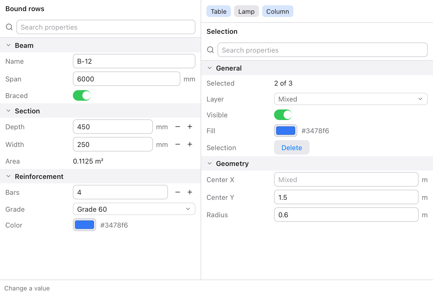 An app with two panels: rows for a beam on the left, and an Inspector for selected shapes on the right, with Mixed values