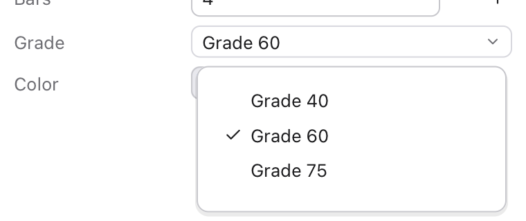 A Grade row with its list open: Grade 40, Grade 60 with a check mark, Grade 75
