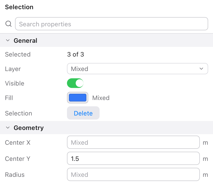 An Inspector for three selected shapes: Layer, Fill, Center X and Radius show Mixed