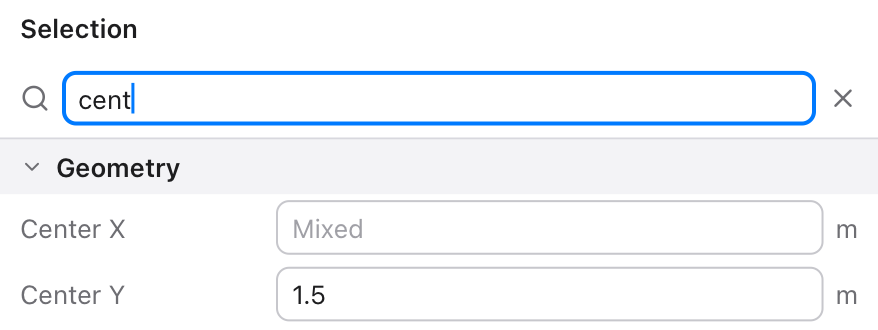 An Inspector searched for cent, showing only Center X and Center Y under Geometry